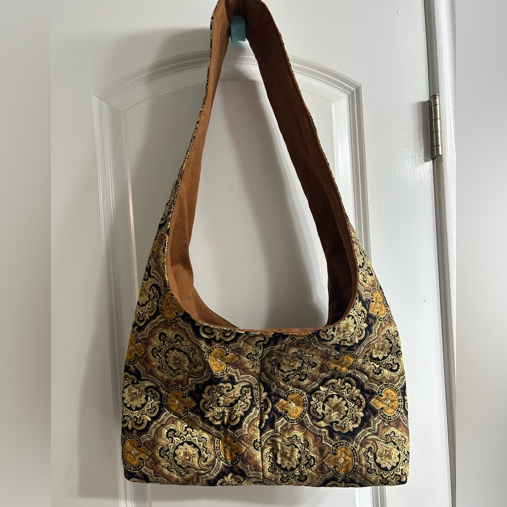 Handmade Shoulder Purse /Bag Reversible Fabric Copper/Black/Gold￼